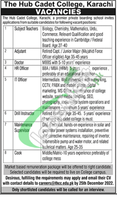 Hub Cadet College Jobs