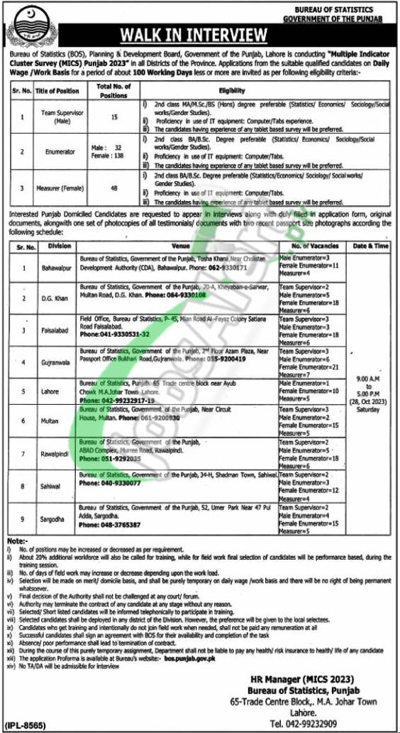 Bureau of Statistics Punjab Jobs