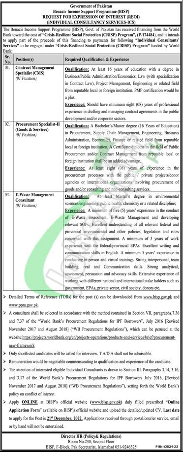 Benazir Income Support Programme Jobs
