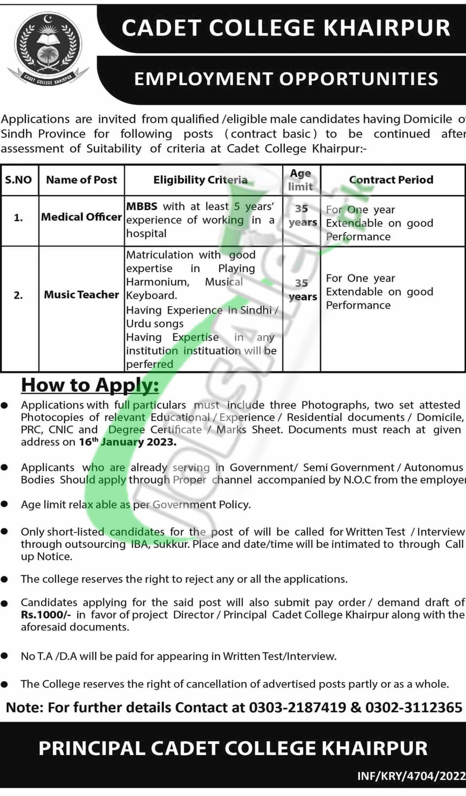 Cadet College Khairpur Jobs