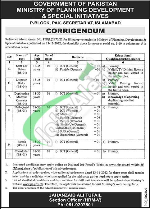 Ministry of Planning Development & Special Initiatives Jobs