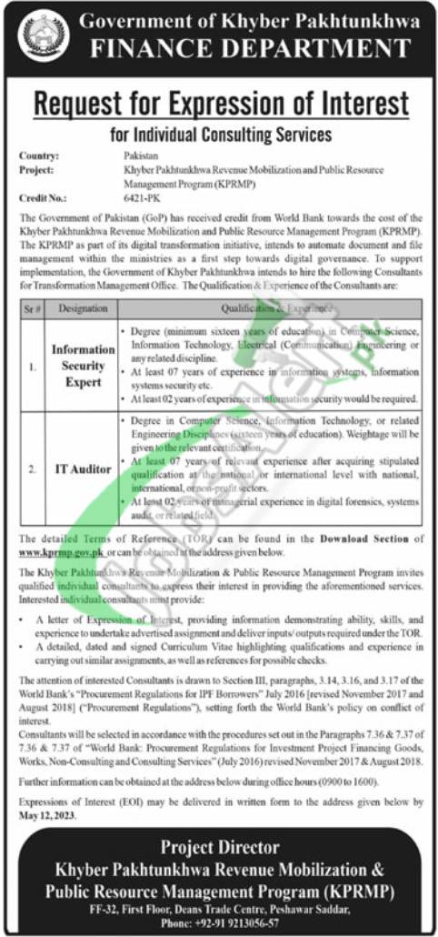 Finance Department KPK Jobs