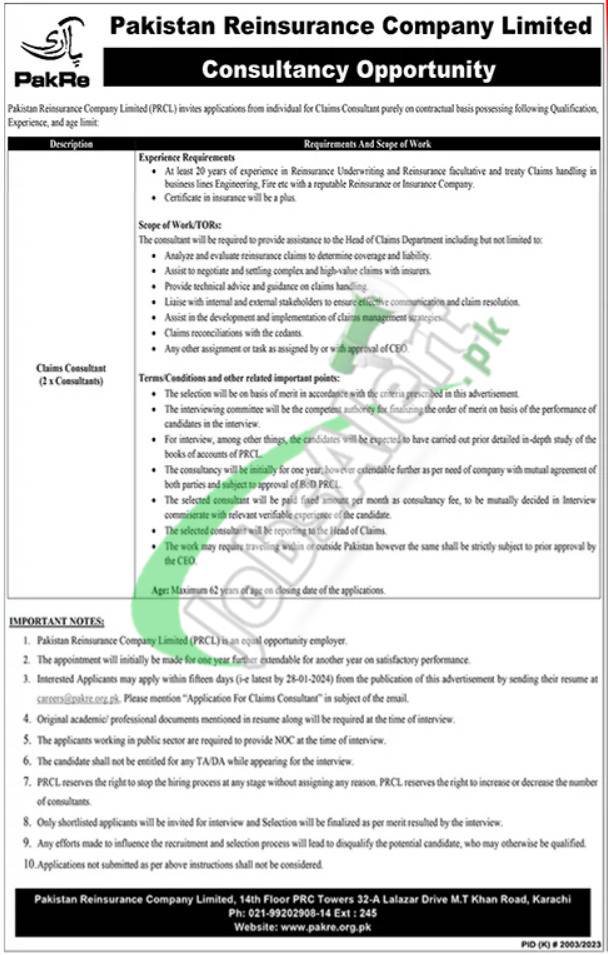 Pakistan Reinsurance Company Jobs