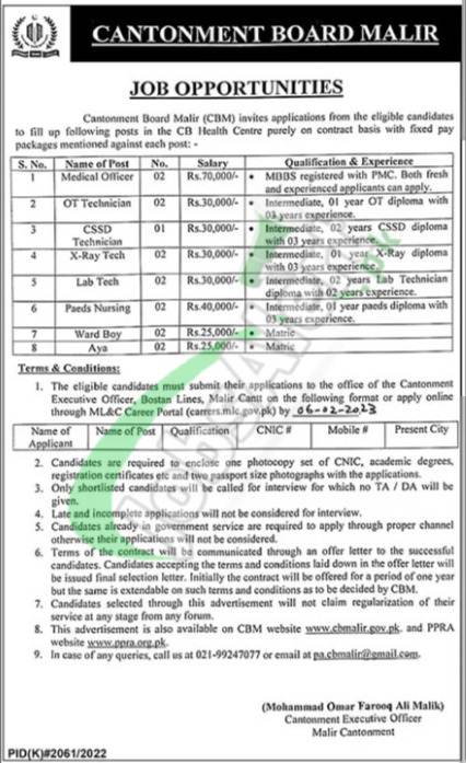 Cantonment Board Malir Jobs