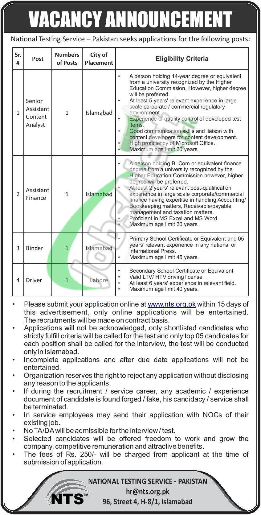 National Testing Service Pakistan Jobs