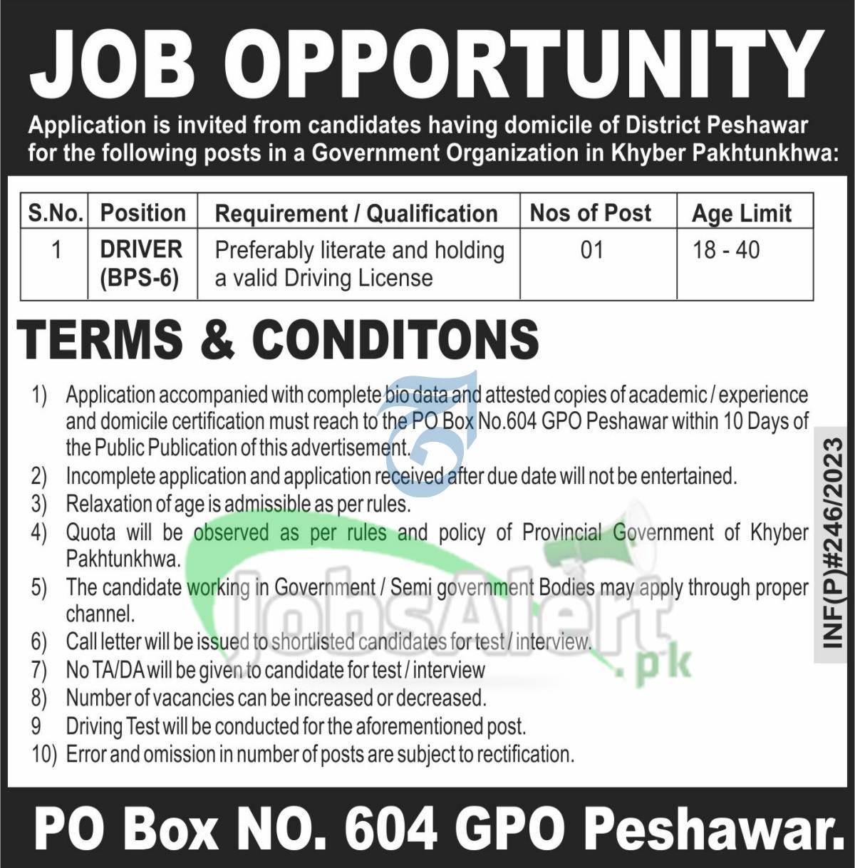 PO Box 604 Peshawar Jobs