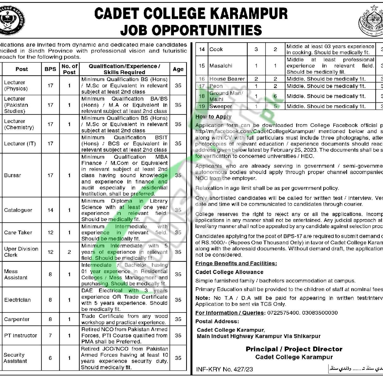 Cadet College Karampur Jobs