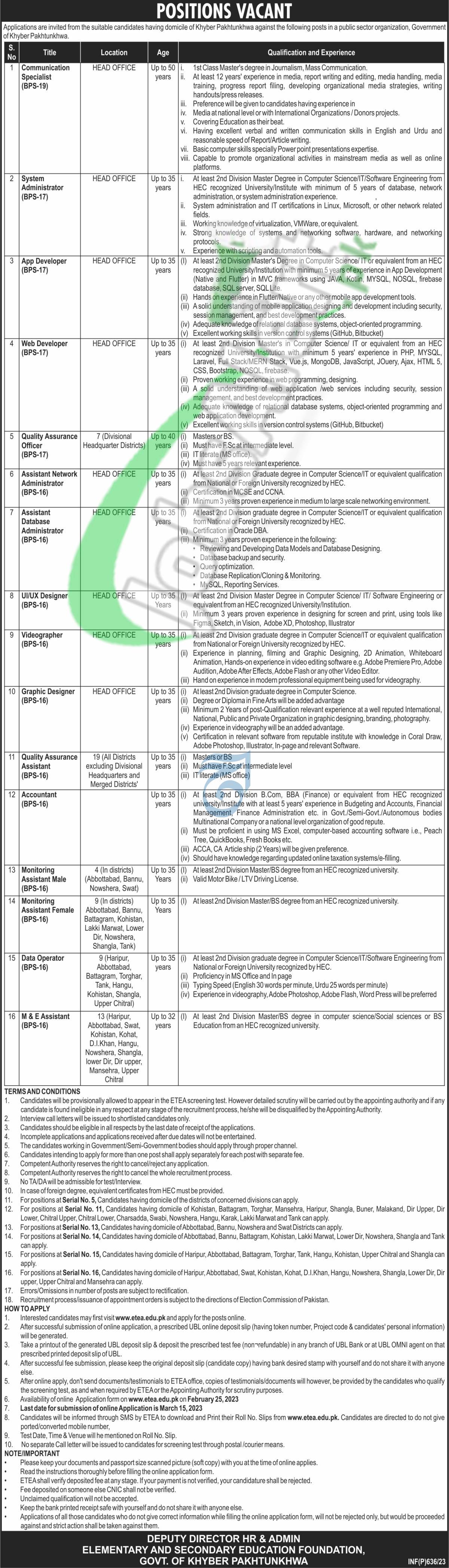 Elementary & Secondary Education KPK Jobs