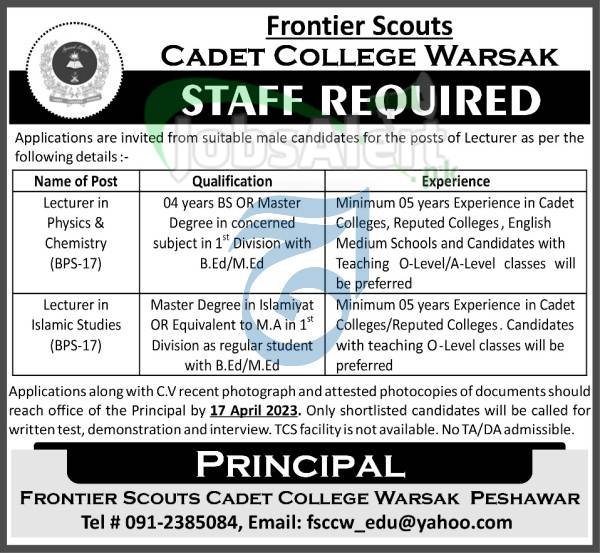 Cadet College Warsak Peshawar Jobs