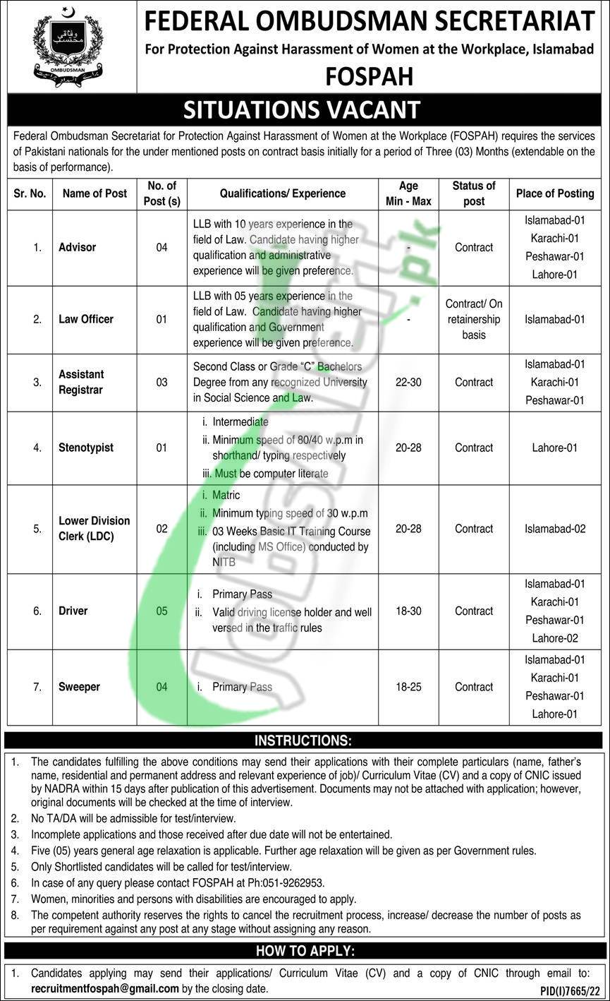 Federal Ombudsman Secretariat Jobs