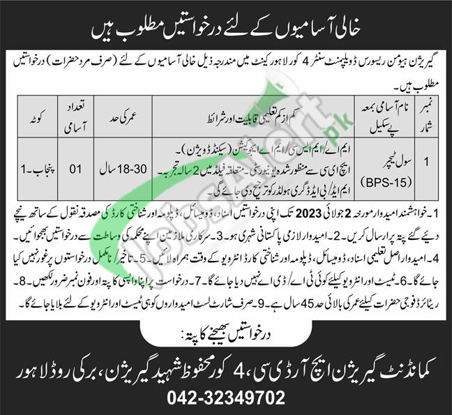 Garrison HRDC Lahore Jobs