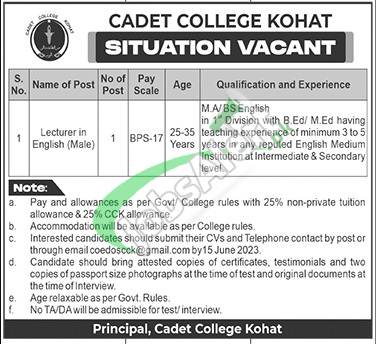 Cadet College Kohat Jobs