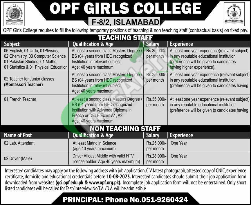 OPF Girls College Islamabad Jobs