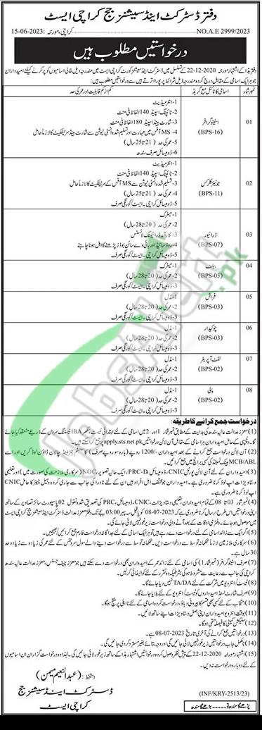 District and Session Court Karachi Jobs