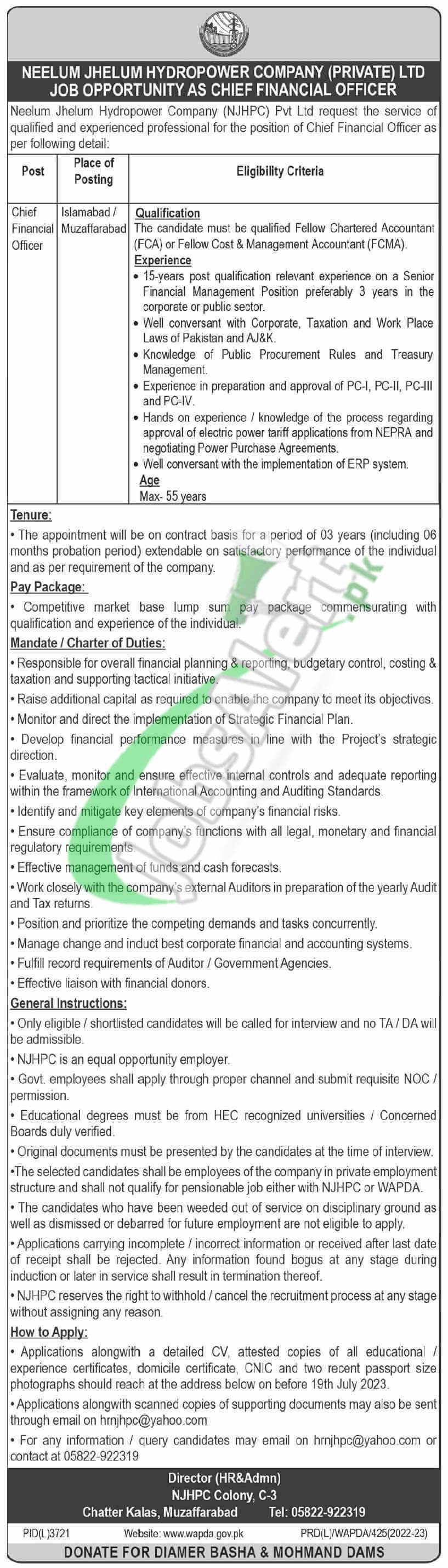 Neelum Jhelum Hydropower Company Jobs 2023 NJHPC Online Apply