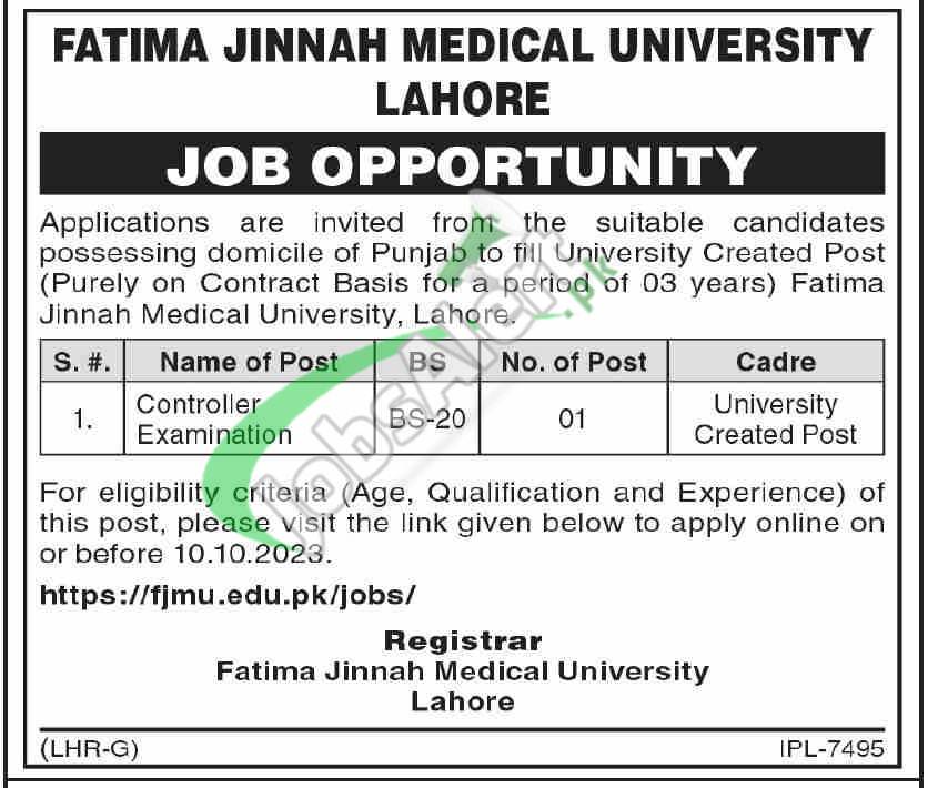 Fatima Jinnah Medical University Lahore Jobs