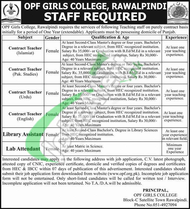 OPF Girls College Rawalpindi Jobs