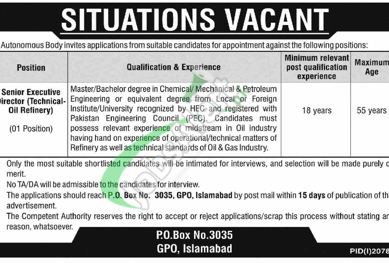 PO Box 3035 GPO Islamabad Jobs