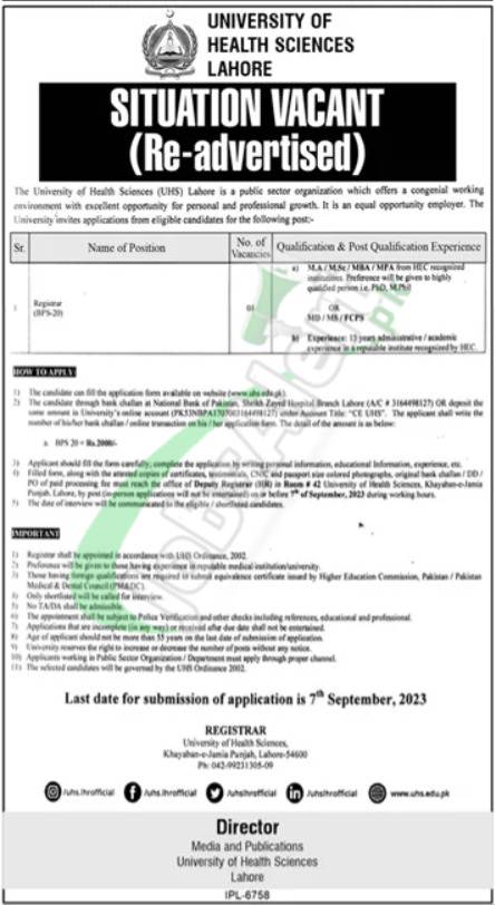 UHS Lahore Jobs