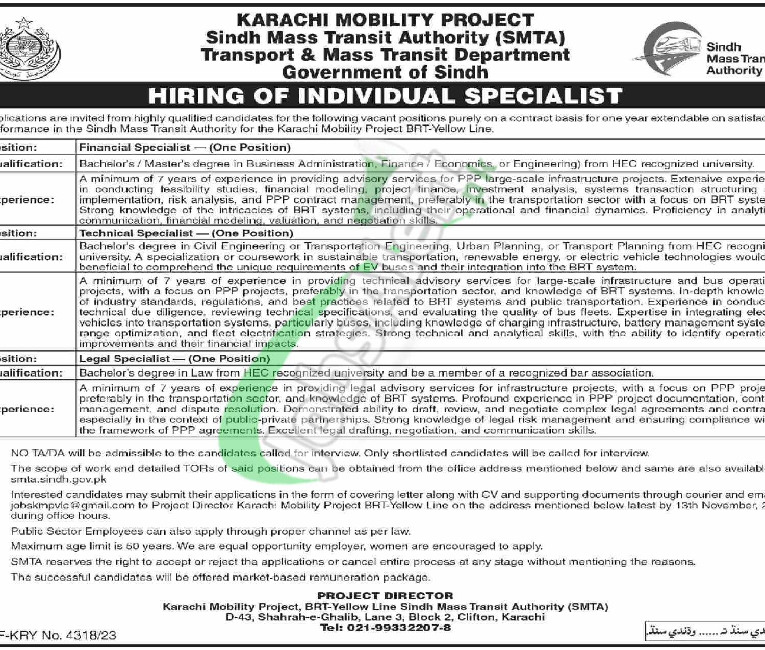 Transport and Mass Transit Department Sindh Jobs