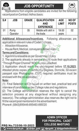 Cadet College Mastung Jobs