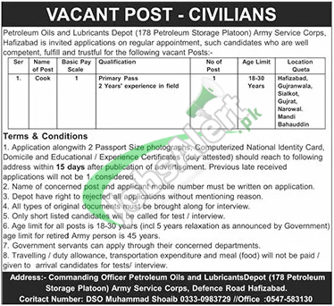 Petroleum Oils and Lubricants Depot Army Service Corp Hafizabad Jobs