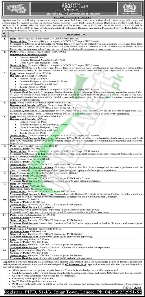 PIFD Lahore Jobs
