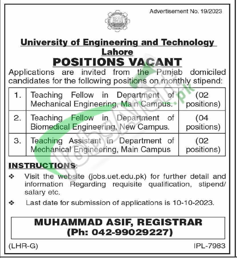 University of Engineering & Technology Lahore Jobs