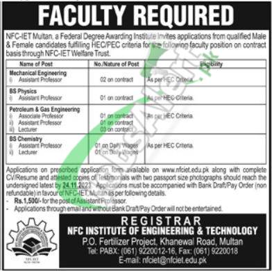 NFC Institute of Engineering & Technology Multan Jobs