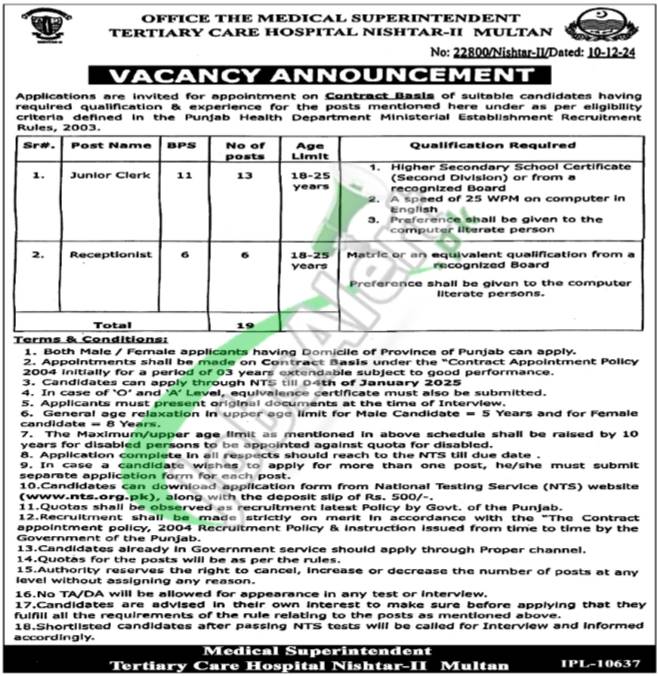 Tertiary Care Hospital Nishtar-II Multan Jobs