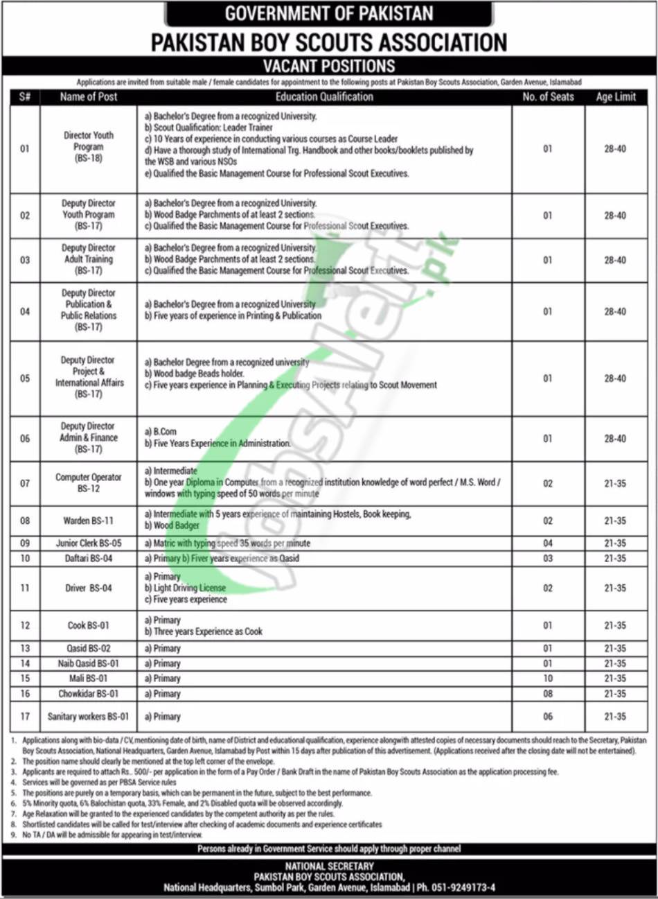 Pakistan Boy Scouts Association Jobs