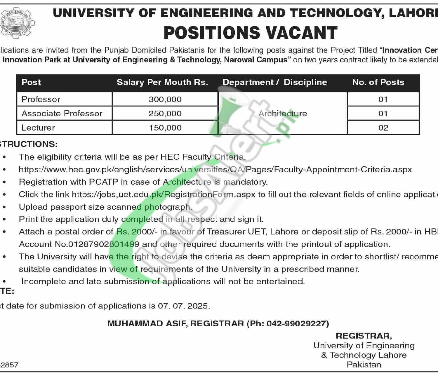 UET Lahore Teaching Jobs