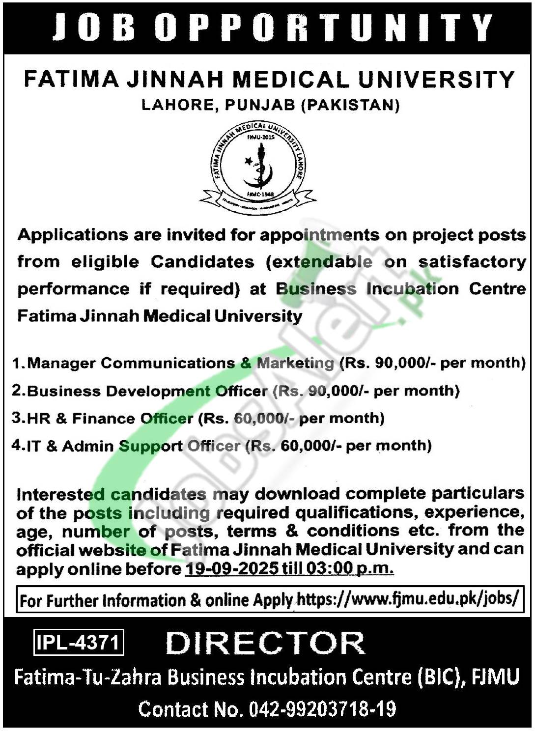 Fatima Jinnah Medical University Lahore Jobs