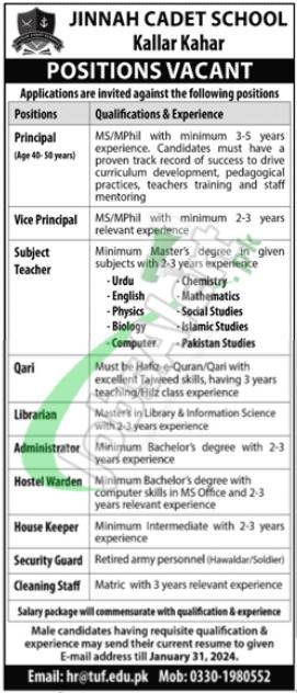Jinnah Cadet College Kallar Kahar Jobs