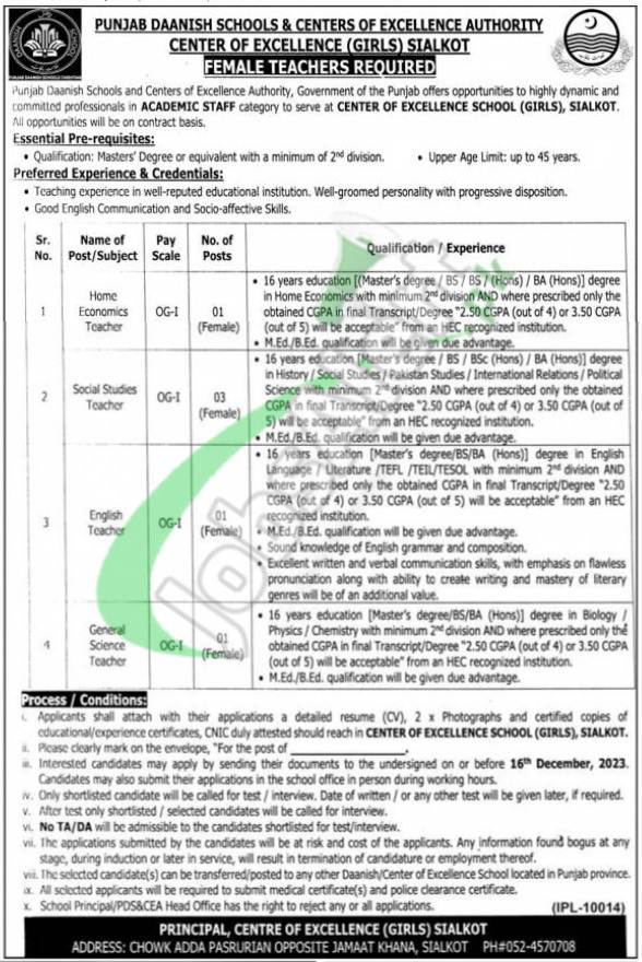 Punjab Daanish Schools and Centers of Excellence Authority Jobs