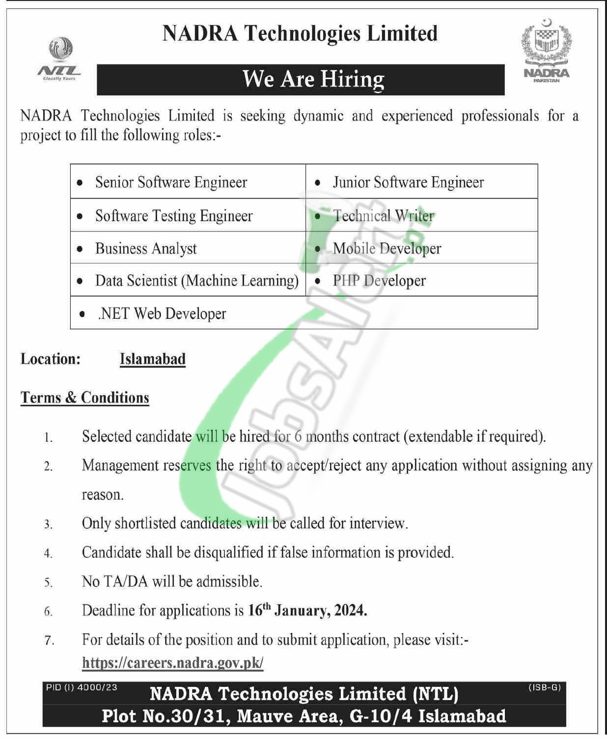 NADRA Technologies Limited NTL Jobs 2024 Latest Advertisement NADRA Technologies Limited