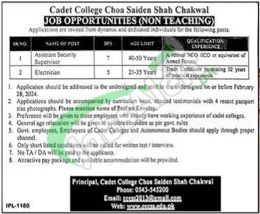 Cadet College Choa Saiden Shah Jobs