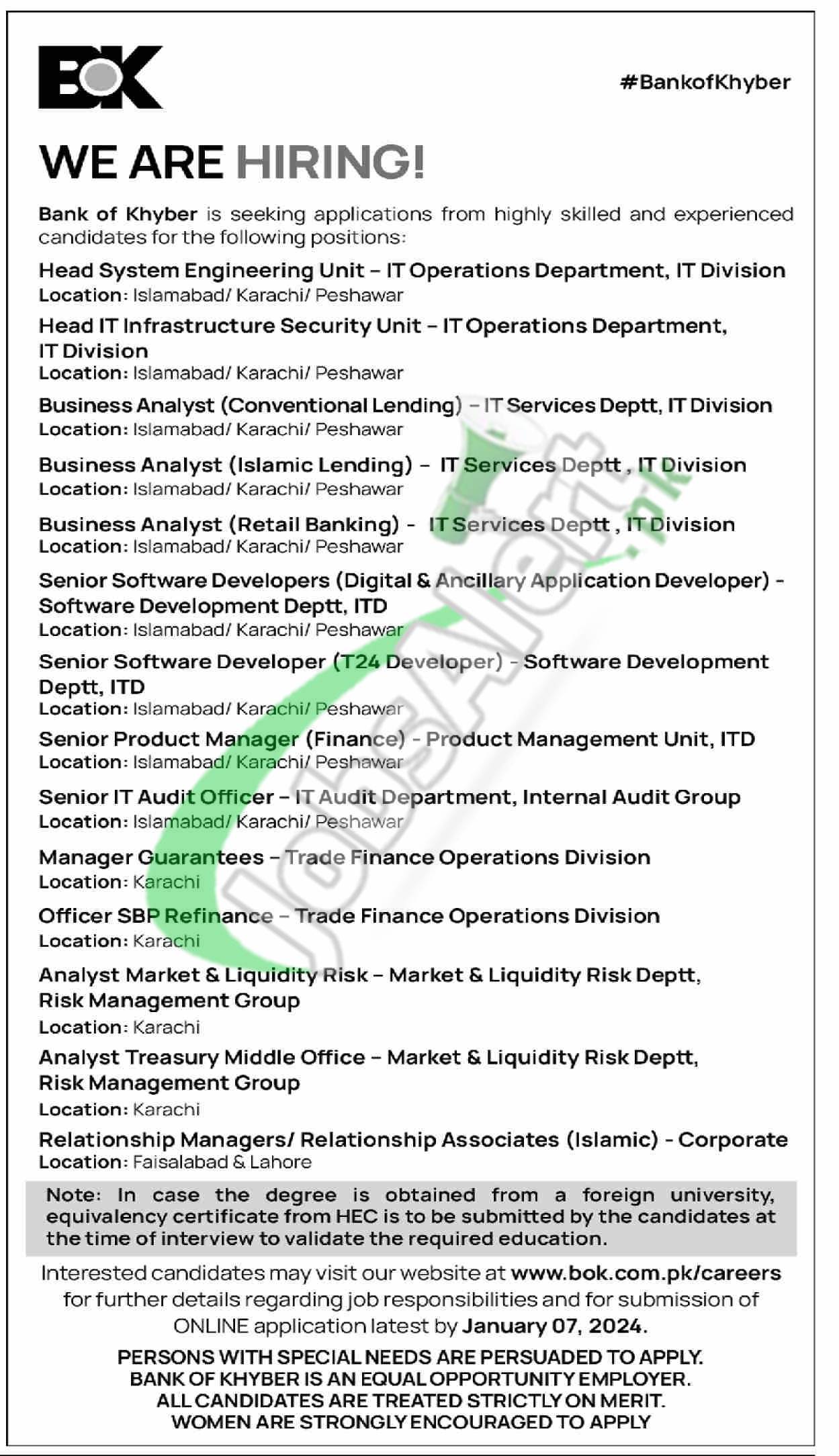 BOK Jobs 2024 Bank of Khyber January Advertisement Latest