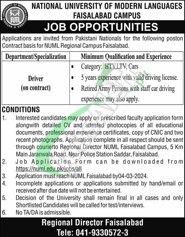NUML Faisalabad Jobs