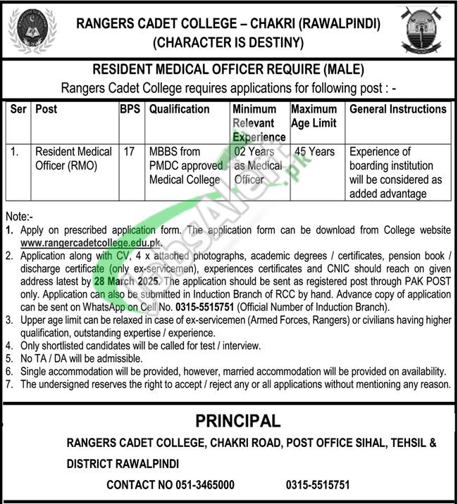 Rangers Cadet College Chakri Jobs