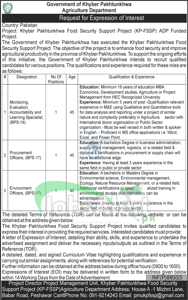 Agriculture Department KPK Jobs