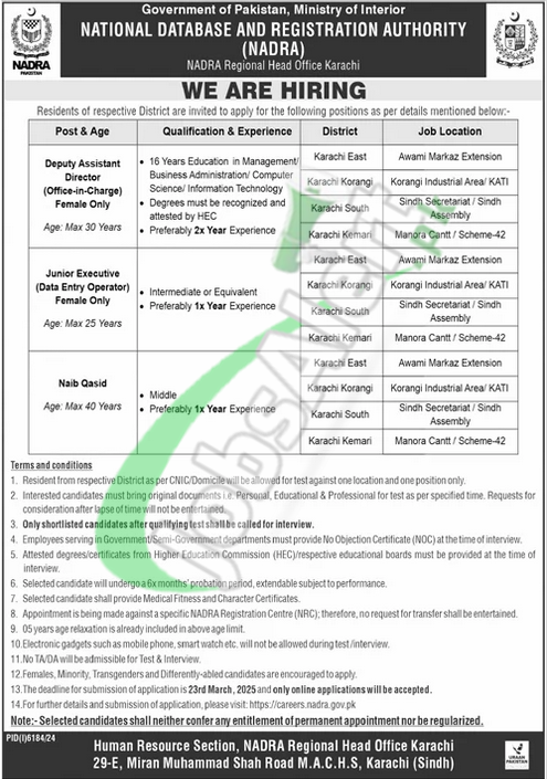 NADRA Karachi Jobs