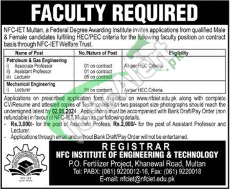NFC Institute of Engineering & Technology Multan Jobs