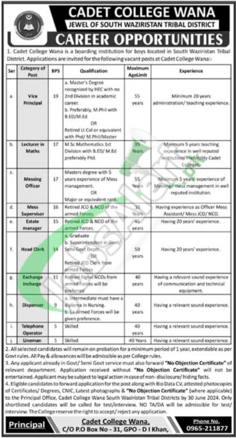 Cadet College Wana Jobs