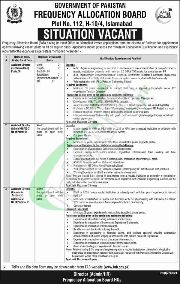 Frequency Allocation Board Islamabad Jobs