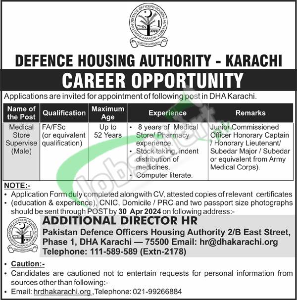 Tap this page for Medical Store Supervisor Jobs in DHA Karachi 2024 Latest announcement made in Daily Jang Newspaper for which candidates possessing qualification FA / FSc or equivalent qualification with 8 years of Medical Store / Pharmacy experience and maximum 52 years age holders are welcome to apply along with all relevant documents to the following address before the last date 30th April 2024.