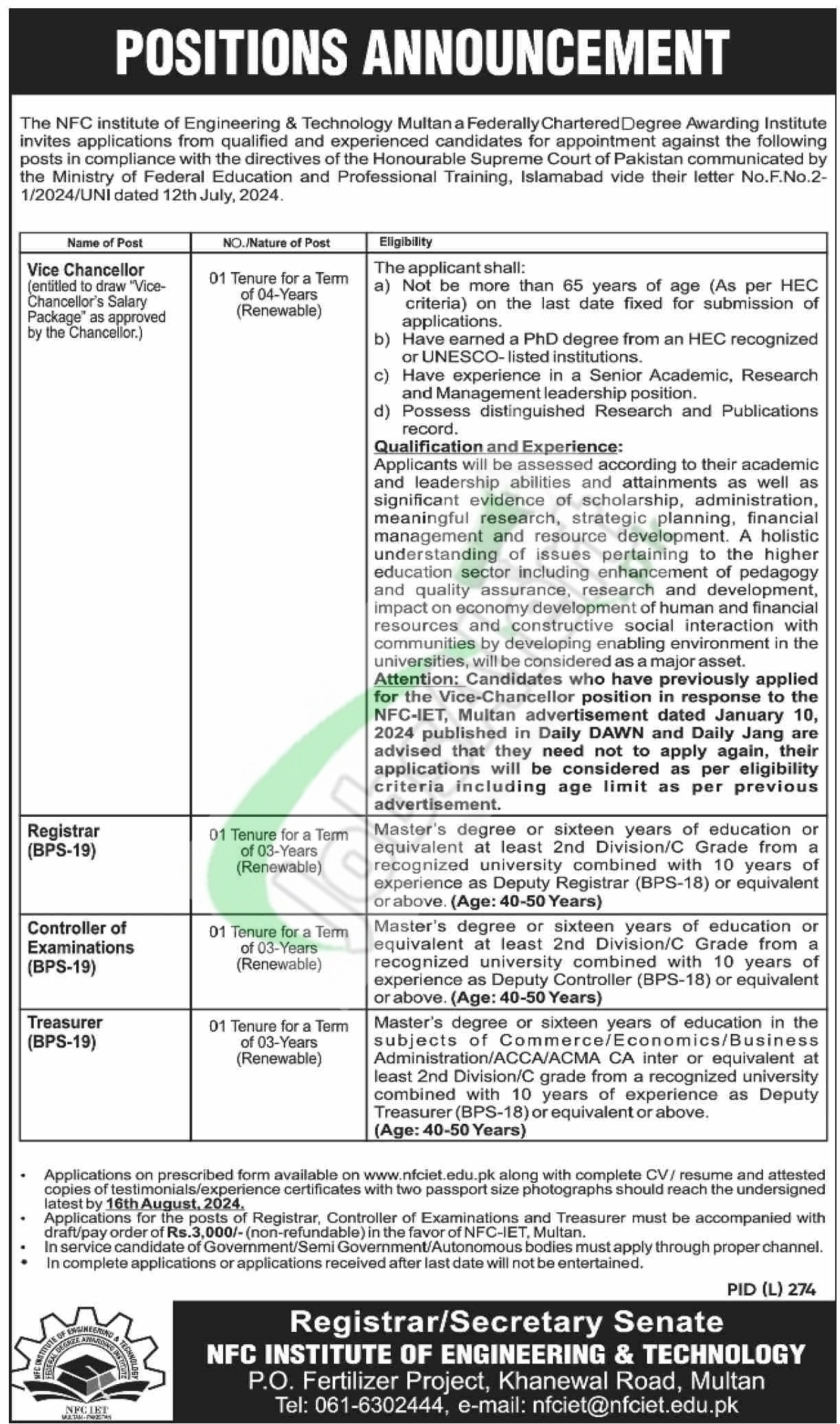 NFC Institute of Engineering & Technology Multan Jobs