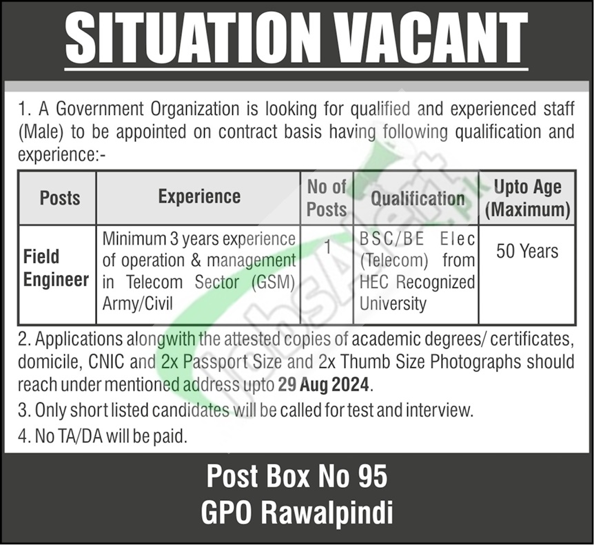 PO Box No 95 GPO Rawalpindi Jobs