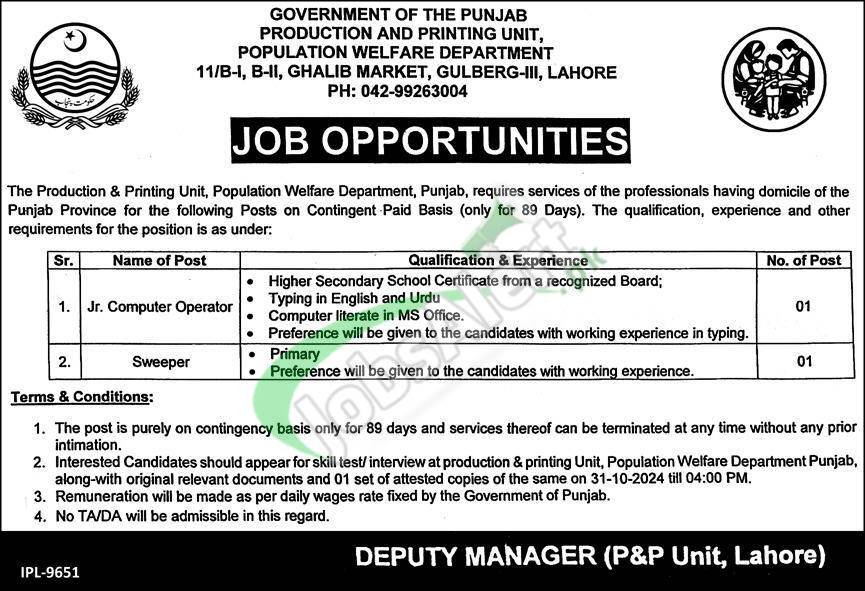 Population Welfare Department Punjab Jobs