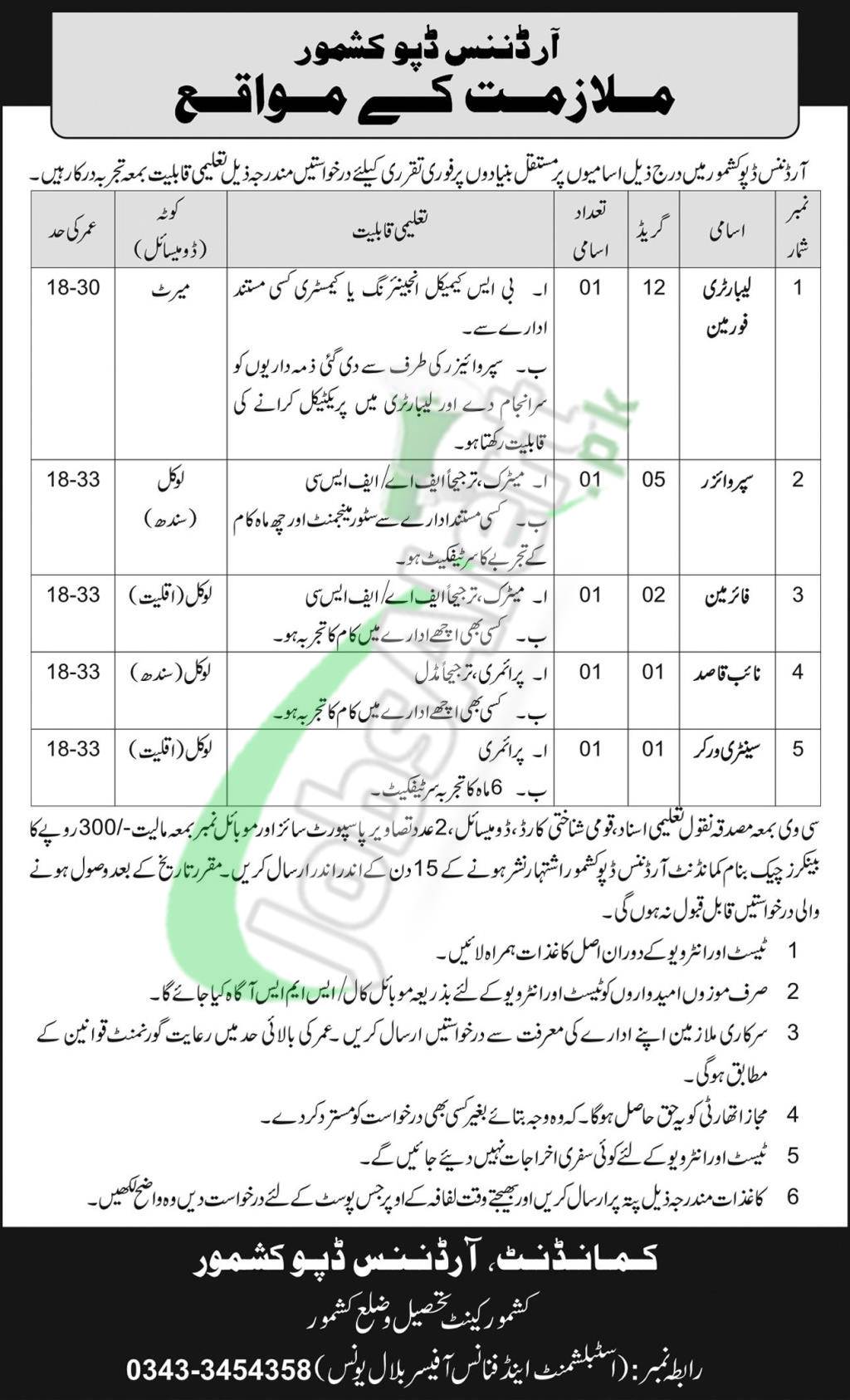 Ordnance Depot Kashmore Jobs